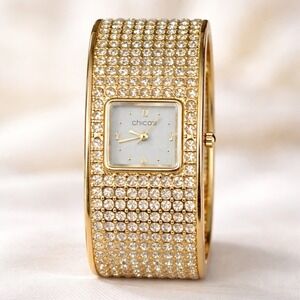 Chico's Gold Tone Rhinestone Cuff Watch Wide Hinged Bangle NOT TESTED